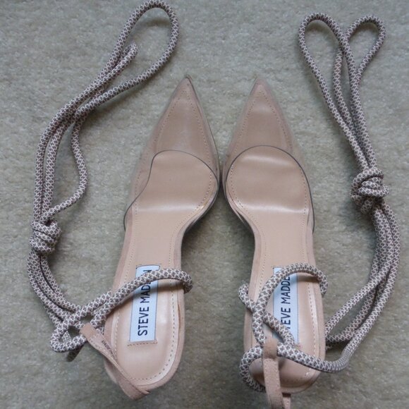 STEVE MADDEN clear vinyl & nude faux suede pointy toe heels with long ties - Picture 2 of 10